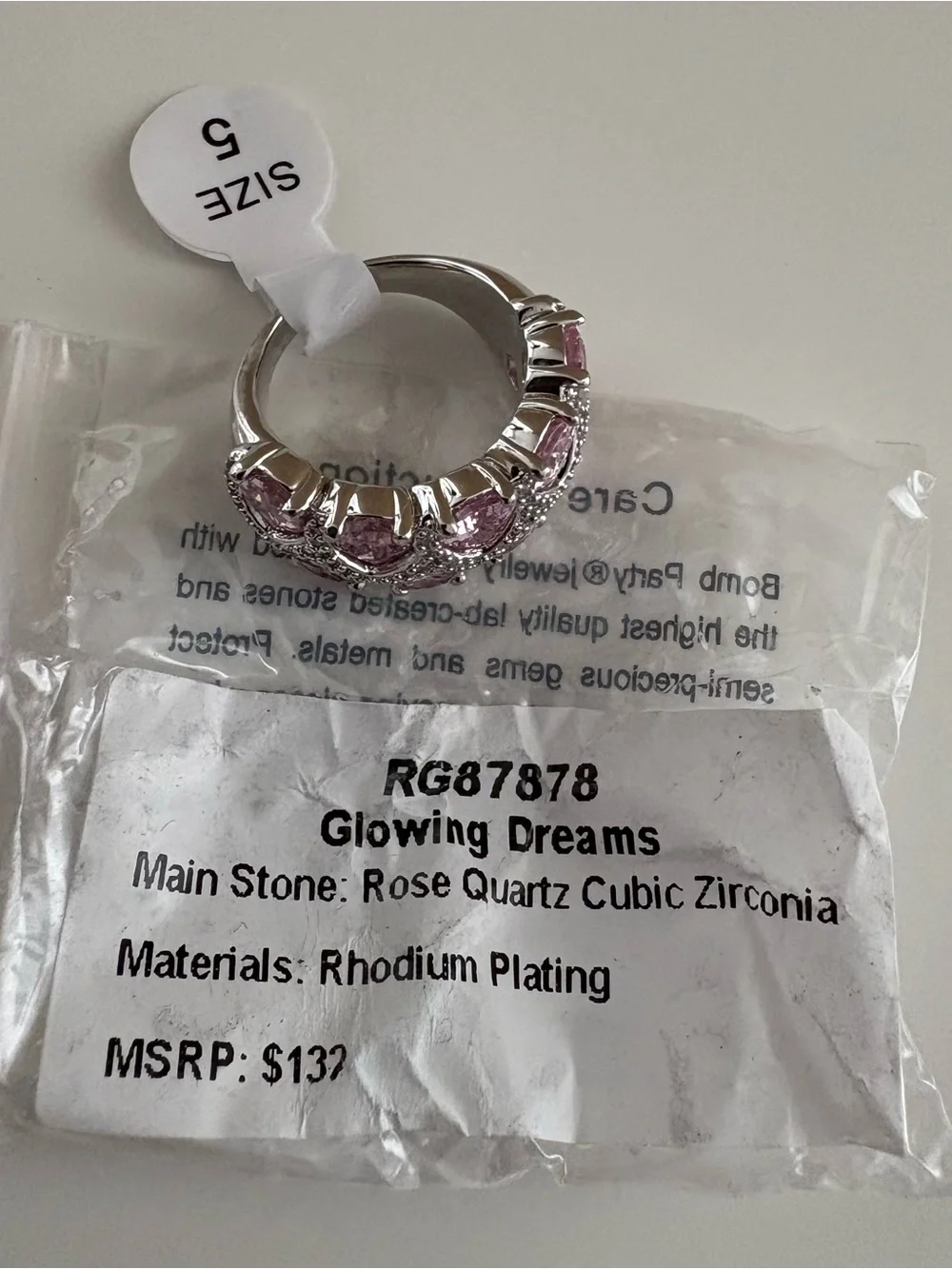 Bomb Party Glowing Dreams Ring RG87878 Rose Quartz CZ Rhodium Plating